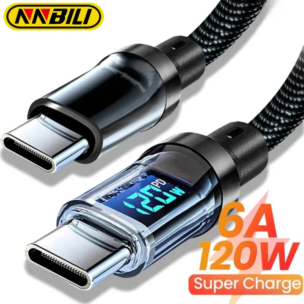 120W A-C and C-C Phone Super Fast Charging Cable with LED display screen, Xiaomi, iPhone, Samsung compatible