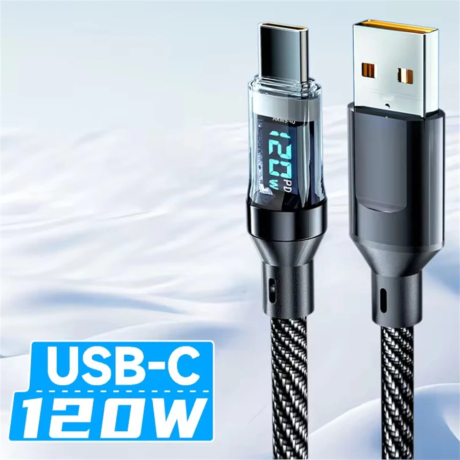 120W A-C and C-C Phone Super Fast Charging Cable with LED display screen, Xiaomi, iPhone, Samsung compatible